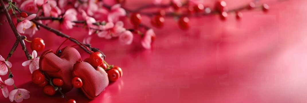 Valentine's Day, hearts, pink cherry blossoms and red berries on a smooth red surface. The scene captures the essence of spring and festive celebrations, copy space, free space for text - Powered by Adobe