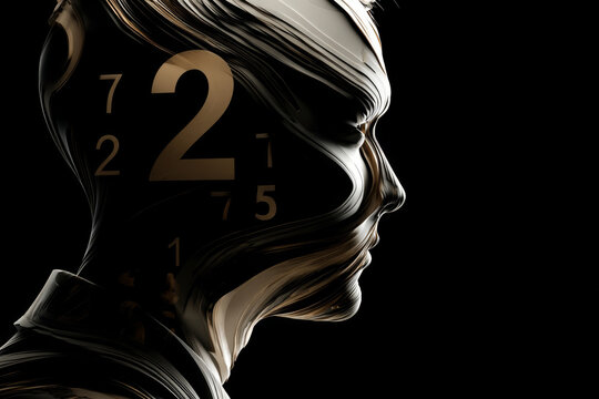 Abstract illustration of a human silhouette with flowing lines and numbers, representing the concept of data, intelligence, and the fusion of technology and human thought - Powered by Adobe