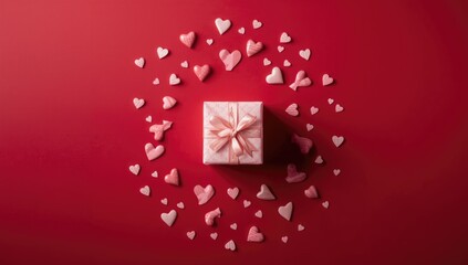 Holiday-themed banner with gift box and hearts on red background, designed for Valentine's Day promotions