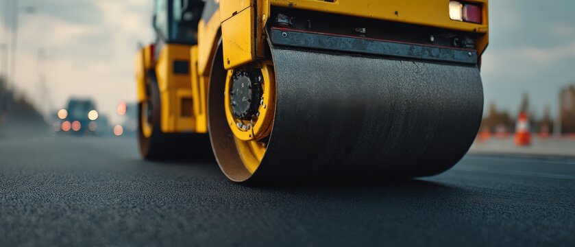 Yellow steamroller compacting fresh asphalt on a road construction site with blurred traffic and cones in the background Concept of infrastructure development and urban renewal