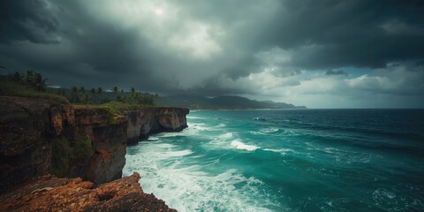 Turbulent ocean waves crashing against a tropical island shoreline under stormy skies, highlighting coastal erosion