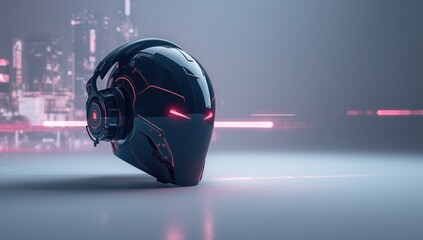Fototapeta premium Futuristic headgear with illuminated red eyes and audio equipment, wearable tech design