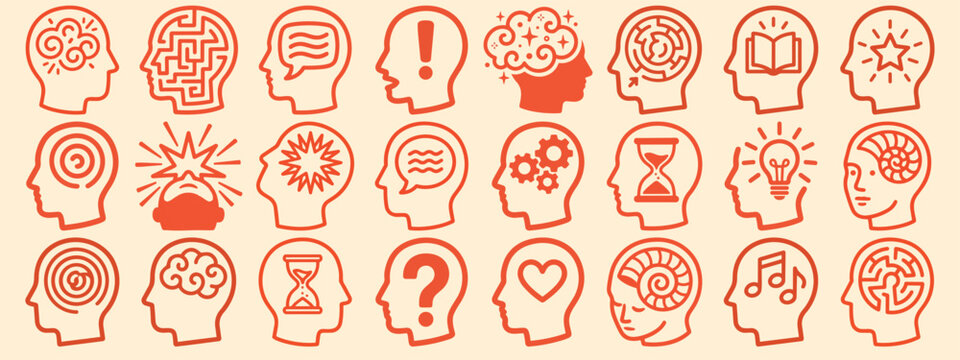 Line art icon set of red stroke head profiles showing diverse brain symbols and mental concept icons on beige banner