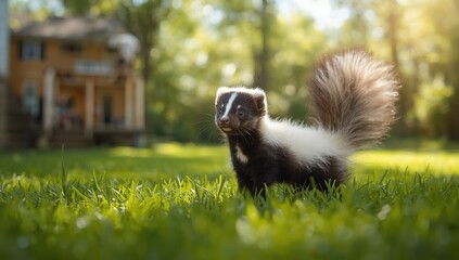 Naklejka premium Wildlife scene with striped skunk close to a residential structure, emphasizing urban coexistence