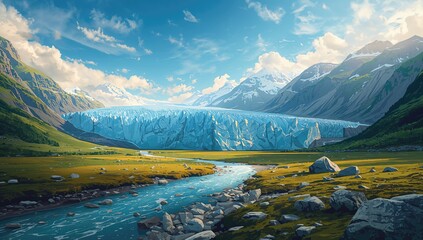 High-altitude glacier landscapes showing ice formations and mountain valleys, ideal for geographic reference materials