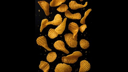 Collection of ridged potato chips displayed on dark backdrop, highlighting snack texture and crispiness