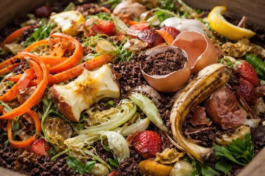 Close angle showing layered organic kitchen scraps in a compost heap for environmentally friendly disposal