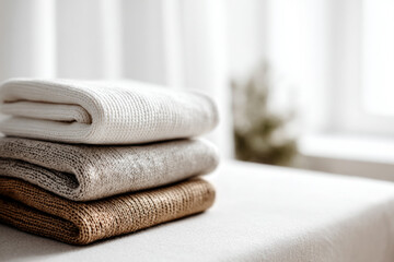 Serene morning routine showcases folded neutral textiles and natural materials, enhanced by soft warm highlights and an elegant clean composition with copy space