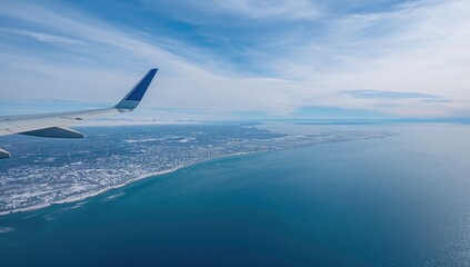 Fototapeta premium Aerial view of a city shoreline in winter, erosion vulnerability and coastal conservation, Earth Day