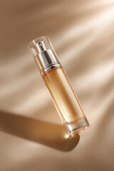 Minimal product shot featuring a sleek cosmetic bottle on a smooth surface, enhanced by soft shadows and a gentle gradient background for a premium look