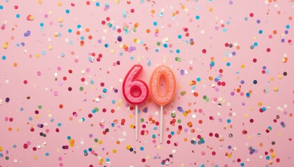 Celebration with number shaped candles and confetti on pink background, milestone birthday decor