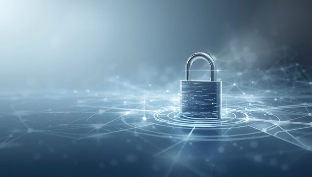 Secure technology interface featuring a lock icon on a plexus background, highlighting data safety measures - Powered by Adobe