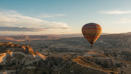 Balloon ascending above unique geological structures in Cappadocia, outdoor adventure activity