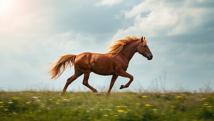 Vivid red horse with a flowing mane running through open terrain, highlighting dynamic energy