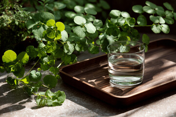 Glass of water on a wooden tray surrounded by lush greenery, sunlight filtering through leaves, evoking a serene eco-inspired moment