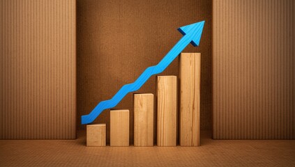 Financial growth represented by blue arrows on wooden cubes in a bar chart style on eco-friendly paper surface, Earth Day