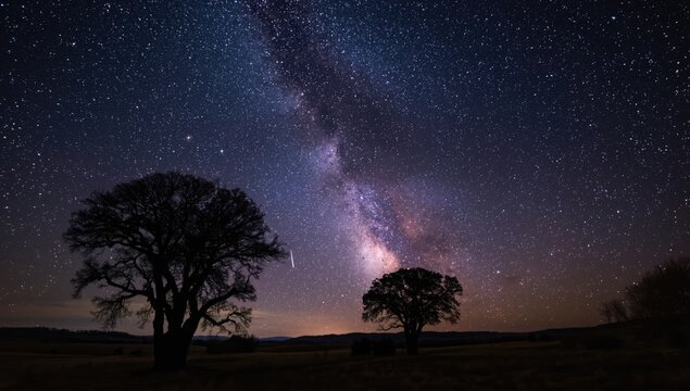 Star-filled Milky Way overhead with tree silhouettes, designed for use as an editorial header background, World Astronomy Day