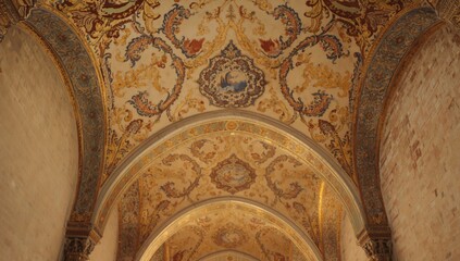 Decorative ceiling in a medieval palace showcasing intricate Eastern motifs, ideal for editorial header backgrounds