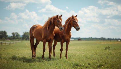 Fototapeta premium Pair of horses standing outdoors, highlighting equine health and farm management, Earth Day