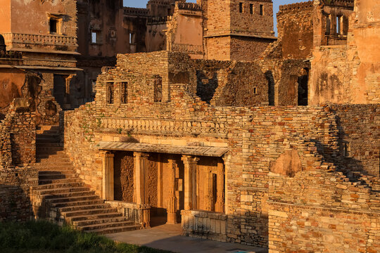 Ruins of historic Chittorgarh fort during sunset in Rajasthan, India, UNESCO World Heritage Site