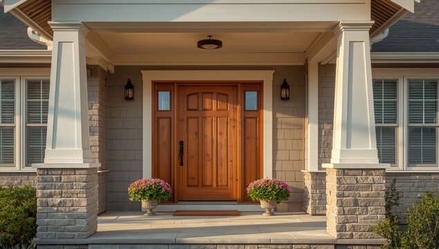 House facade featuring a wooden door and flower pots, urban neighborhood charm for curb appeal - Powered by Adobe