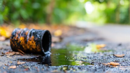 Black liquid spills from a cup on a concrete path in a park setting