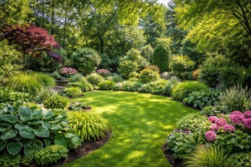Garden view including a lush green yard and a range of leafy plants