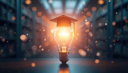 Digital education and artificial intelligence represented by a light bulb with a graduation cap, focusing on online learning platforms and instruction