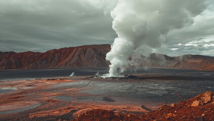 Hot sulfuric gas release from a geothermal vent in an otherworldly volcanic terrain, highlighting geothermal energy sources