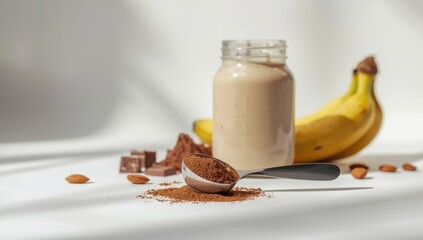 Measuring spoon with chocolate whey protein powder, alongside a milkshake with bananas, chocolate cubes, and almonds on a white background, dietary supplement usage, World Nutrition Day