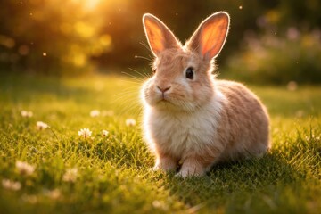 Fototapeta premium Joyful pet rabbit exploring a sunny green grass lawn during a warm summer full length portrait