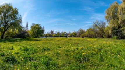 Expansive green meadow filled with blooming yellow wildflowers under a bright blue sky