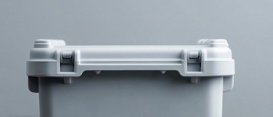 Closeup of a durable, white protective case with latches, isolated on a neutral gray background Concept of security, storage, and equipment