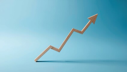 Blue background with a wooden arrow pointing upward on a graph, indicating positive trend or increase, for business presentation visuals