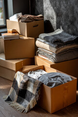 Moving boxes of various sizes stacked in a cozy home interior, with clothes and blankets spilling out, illuminated by natural daylight