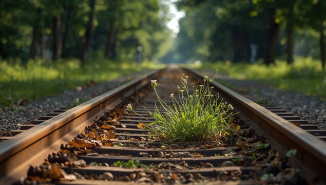 Vegetation emerging through fallen leaves beside parallel railroad tracks in a city park, highlighting urban renewal