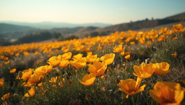 Golden poppy flowers in bloom across a spring landscape, highlighting natural floral growth for Earth Day - Powered by Adobe