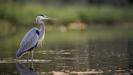 Fototapeta premium Great Blue Heron standing in shallow water with distinctive blue-gray feathers, highlighting wetland conservation