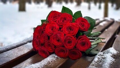 bouquet of red roses on a bench in the snow