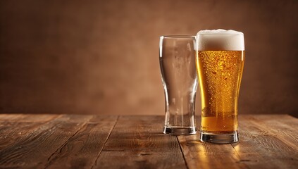 Pair of beer mugs, one full with white beer and foam, one empty, on a plain surface, ideal for bar menu design, International Beer Day
