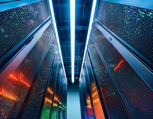 close up of modern server racks with multicolor led indicators in a futuristic data center ideal for it infrastructure cloud computing cybersecurity and digital technology visuals