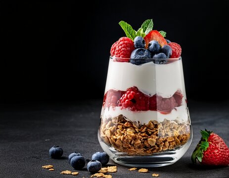 delicious berry and granola yogurt parfait on dark background with copy space