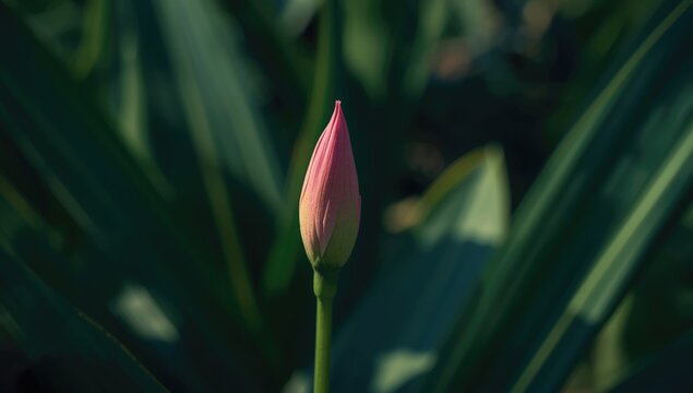 Pink flower bud poised to bloom on leafy background, highlighting early flowering stage