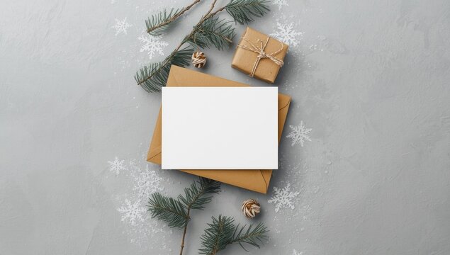 Plain white card and brown envelope with pine, designed for gift messaging or seasonal greetings, holiday observance