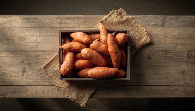 Raw sweet potatoes in crate on wooden table, highlighting harvest freshness and rustic storage, World Food Day