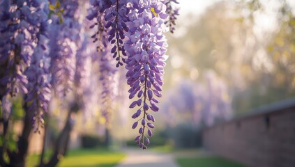 Blue rain Wisteria with twisting stems and fragrant blossoms, serving as a landscape accent, springtime flowering, Earth Day