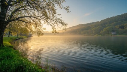 Springtime lakeside scene featuring water, sky, and greenery, useful as a natural landscape backdrop