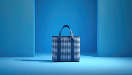 Textile grid sample for bag-making purposes on a blue background, used in industrial fabric selection