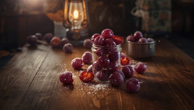 Plums combined with sugar in jars for winter, focusing on food preservation methods