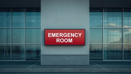 Fototapeta premium Hospital building showing emergency sign alongside windows, focusing on medical facilities